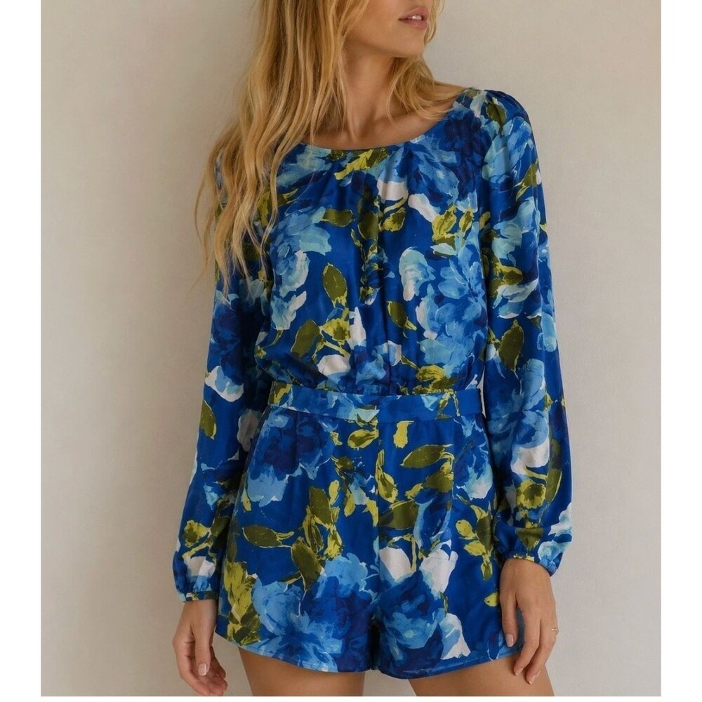 Lulus Sweetest Song Blue Floral Romper S Backless Long Sleeve Dressy